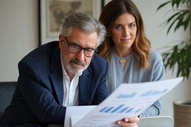 Two people looking at a financial chart