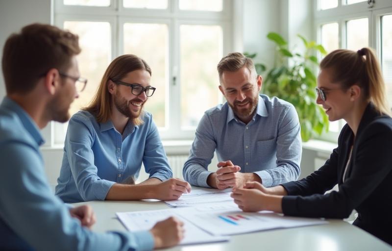 Financial advisor consulting with clients in an office setting